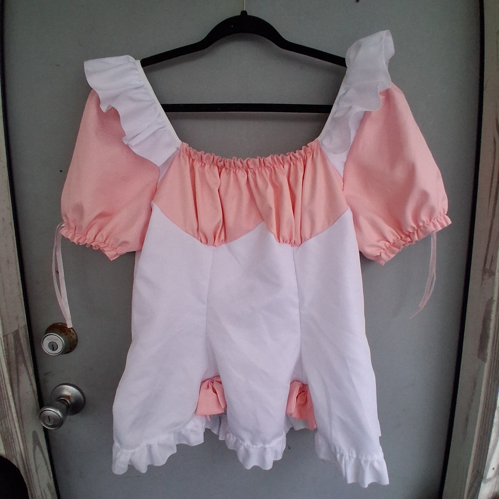 Pink White Ruffled Puff Sleeve Blouse XL Pastel Lolita Cosplay Top Bows